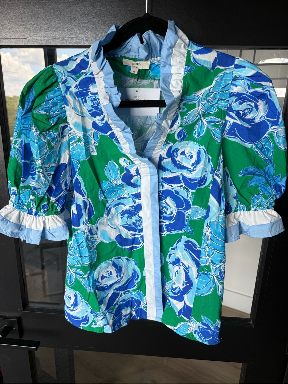 entro Green & Blue Floral Ruffle-Trim Puff Sleeve Blouse - Picture 3 of 6